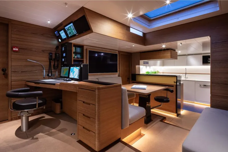 Canova Yacht Photos Pics Luxurious interior of a 2019 Baltic Light Displacement Sailing Yacht with modern navigation station.