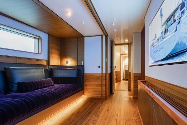 Canova Yacht Photos Pics Luxurious interior of a 2019 Baltic Light Displacement Sailing Yacht with elegant wood finishes.