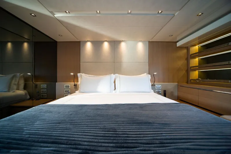 Squalo Yacht Photos Pics Luxurious bedroom interior on 2018 Sanlorenzo SL86 yacht, featuring modern design and ambient lighting.