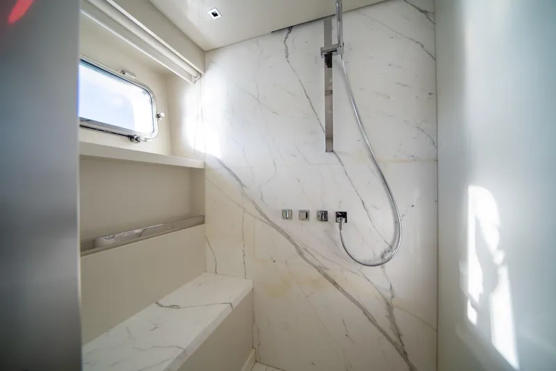 Squalo Yacht Photos Pics Luxurious marble shower in 2018 Sanlorenzo SL86 yacht bathroom.