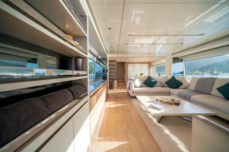 Squalo Yacht Photos Pics Luxurious interior of 2018 Sanlorenzo SL86 yacht with modern furnishings and panoramic windows.