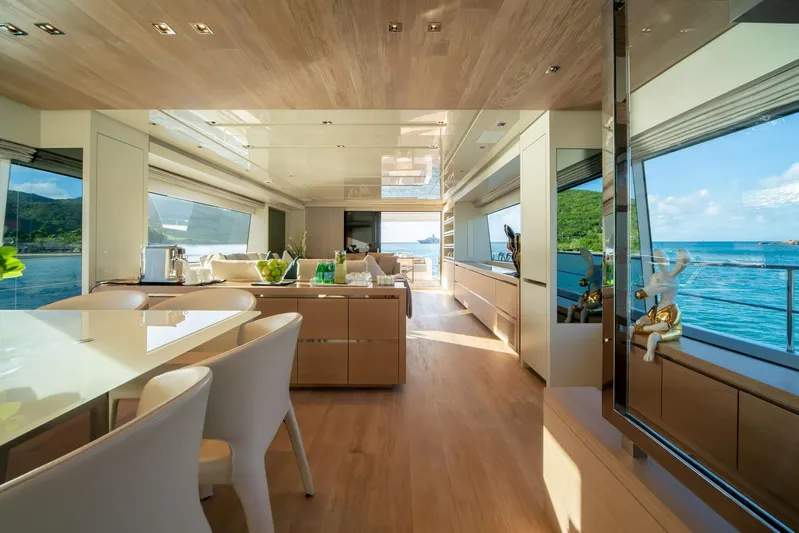 Squalo Yacht Photos Pics Luxurious interior of 2018 Sanlorenzo SL86 yacht with ocean view.