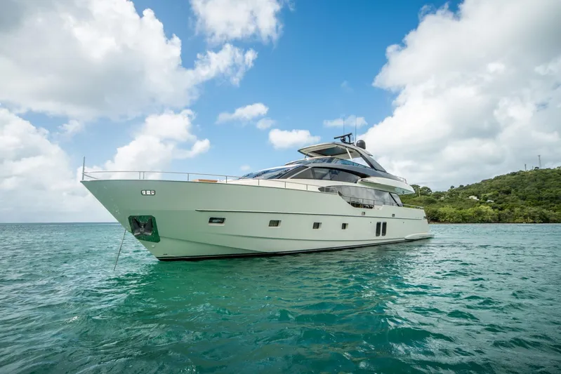 Squalo Yacht Photos Pics Luxury 2018 Sanlorenzo SL86 yacht on turquoise water under blue sky.