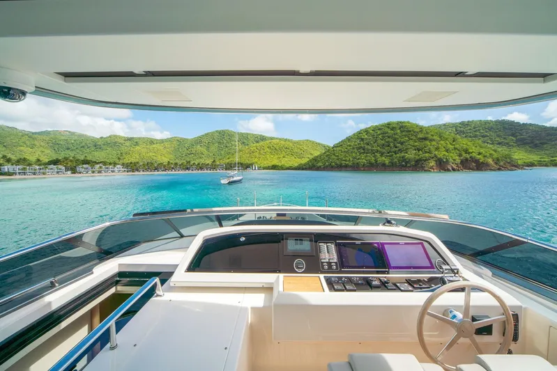 Squalo Yacht Photos Pics Sanlorenzo SL86 yacht helm with stunning ocean and island view, 2018 model.