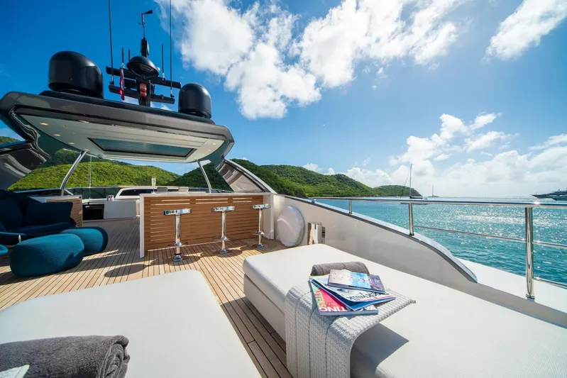 Squalo Yacht Photos Pics Luxurious 2018 Sanlorenzo SL86 yacht deck with ocean view and modern seating.