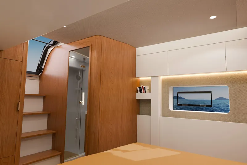  Yacht Photos Pics Luxurious interior of 2026 Bali 5.2 yacht with modern wood finish and ocean view.