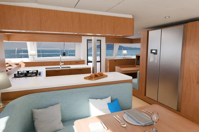  Yacht Photos Pics Luxurious interior of 2026 Bali 5.2 yacht with modern kitchen and ocean view.