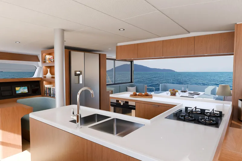  Yacht Photos Pics Luxurious Bali 5.2 yacht interior with modern kitchen and ocean view, 2026 model.