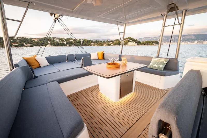  Yacht Photos Pics Luxurious Bali 5.2 yacht interior, 2026 model, featuring elegant seating and scenic ocean views.
