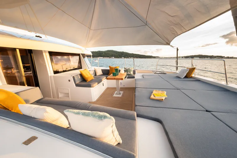  Yacht Photos Pics Luxurious Bali 5.2 yacht deck with comfortable seating, ocean view, and elegant design, 2026 model.