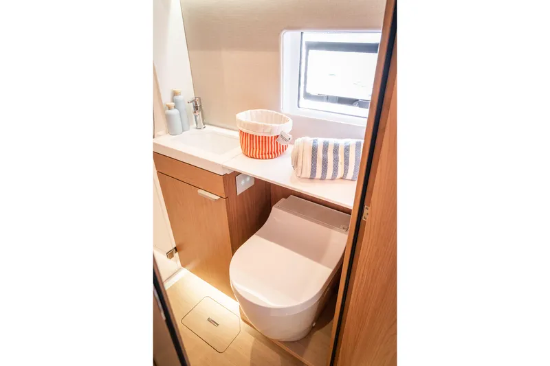  Yacht Photos Pics Modern bathroom in 2026 Bali 5.2 yacht with sleek design and natural lighting.