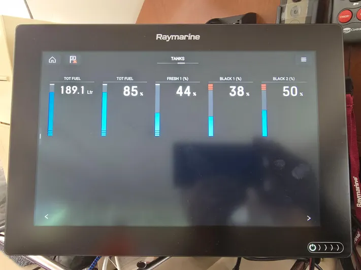 Think Twice Yacht Photos Pics Raymarine display showing tank levels on 2005 Fountaine Pajot Lavezzi Maestro catamaran.