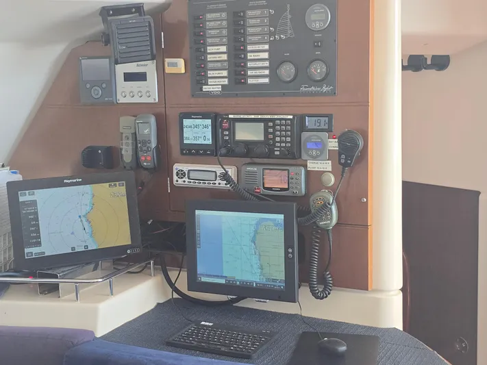 Think Twice Yacht Photos Pics Navigation and communication equipment on a 2005 Fountaine Pajot Lavezzi Maestro catamaran.