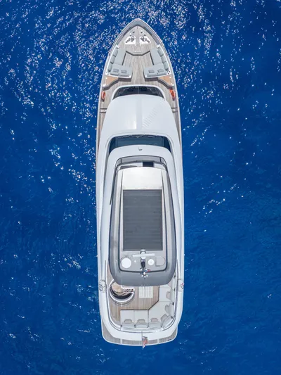Life Yacht Photos Pics Aerial view of 2022 Azimut Magellano 25 Metri yacht on blue ocean water.