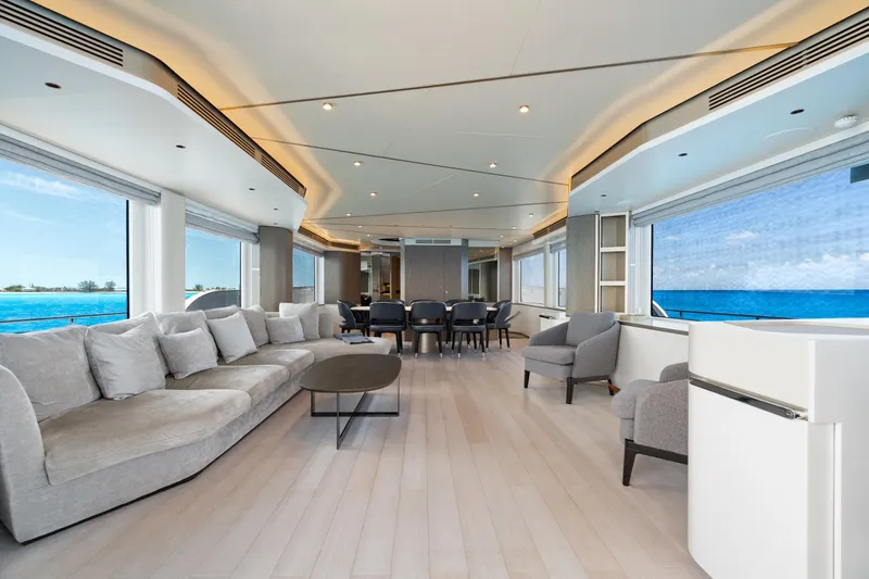 Life Yacht Photos Pics Luxurious interior of 2022 Azimut Magellano 25 Metri yacht with ocean view.