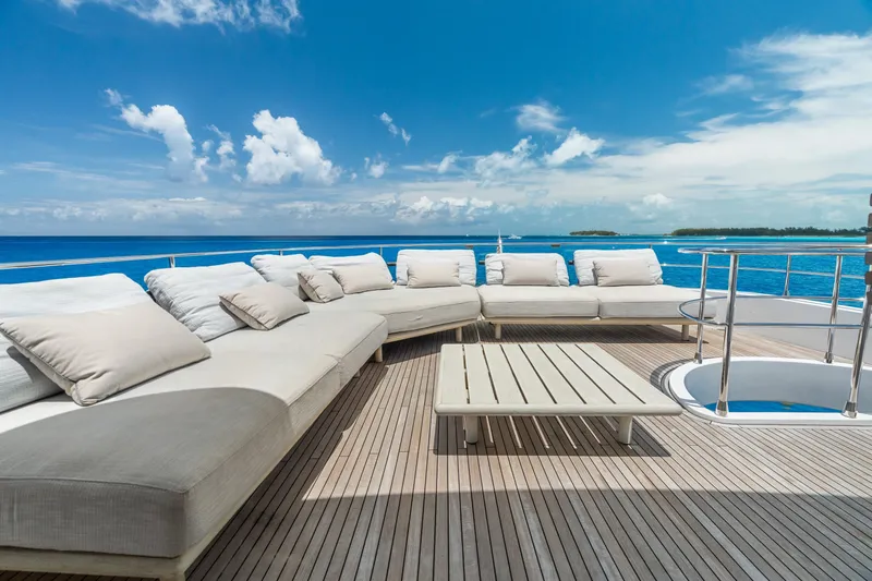 Life Yacht Photos Pics Luxurious deck of 2022 Azimut Magellano 25 Metri yacht with ocean view.