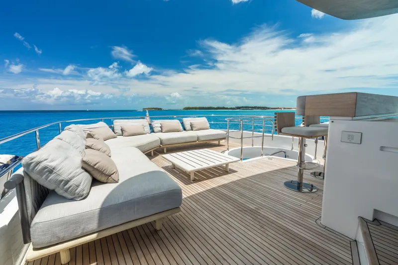 Life Yacht Photos Pics Luxurious deck of 2022 Azimut Magellano 25 Metri yacht with ocean view.