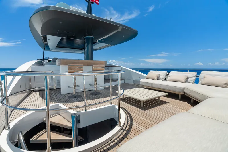 Life Yacht Photos Pics Luxurious deck of 2022 Azimut Magellano 25 Metri yacht with elegant seating and ocean view.
