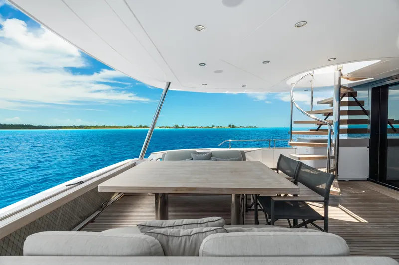 Life Yacht Photos Pics Luxurious Azimut Magellano 25 Metri yacht deck with ocean view, 2022 model.