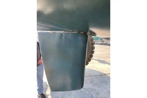  Yacht Photos Pics Close-up of a 2019 Lagoon 450 catamaran rudder on a dry dock.