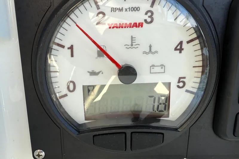  Yacht Photos Pics Close-up of a Yanmar RPM gauge on a 2019 Lagoon 450 boat.