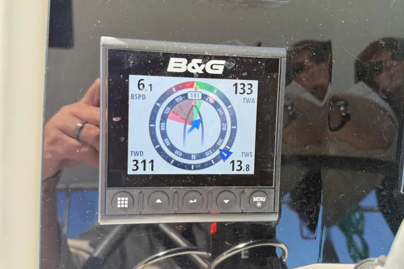  Yacht Photos Pics B&G navigation display on 2019 Lagoon 450 catamaran showing speed and wind data.