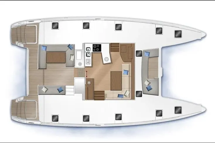  Yacht Photos Pics Top view layout of 2019 Lagoon 450 catamaran, featuring spacious interior and deck areas.