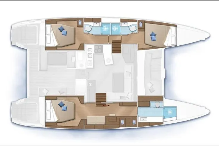  Yacht Photos Pics Floor plan of a 2019 Lagoon 450 catamaran, featuring cabins, bathrooms, and living areas.