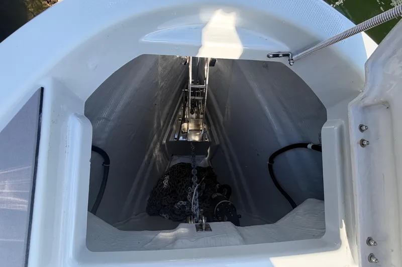  Yacht Photos Pics Anchor compartment of 2024 Saxdor 320 GTO boat, featuring chain and rope storage.