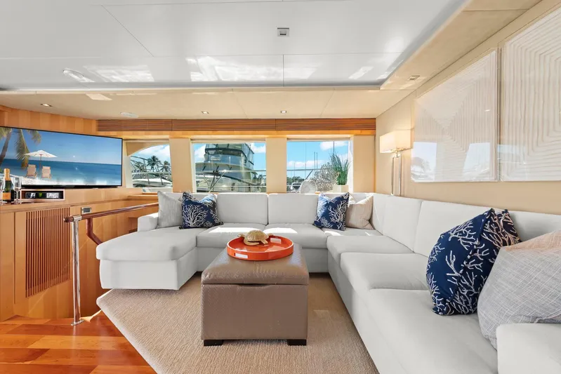 Tranquility Yacht Photos Pics Luxurious Horizon PC60 yacht interior with elegant white seating and ocean view, 2013 model.