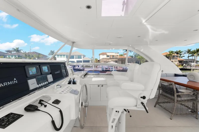 Tranquility Yacht Photos Pics Luxurious 2013 Horizon PC60 yacht interior with helm, seating, and navigation equipment.
