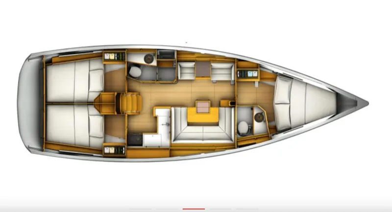 Khushali Yacht Photos Pics Floor plan of a 2019 Jeanneau Sun Odyssey 419 sailboat, showing interior layout.