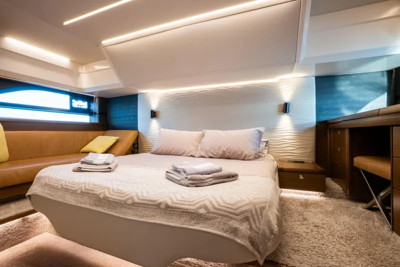 Valluga Yacht Photos Pics Luxurious 2018 Bavaria R55 yacht bedroom with modern design and ambient lighting.