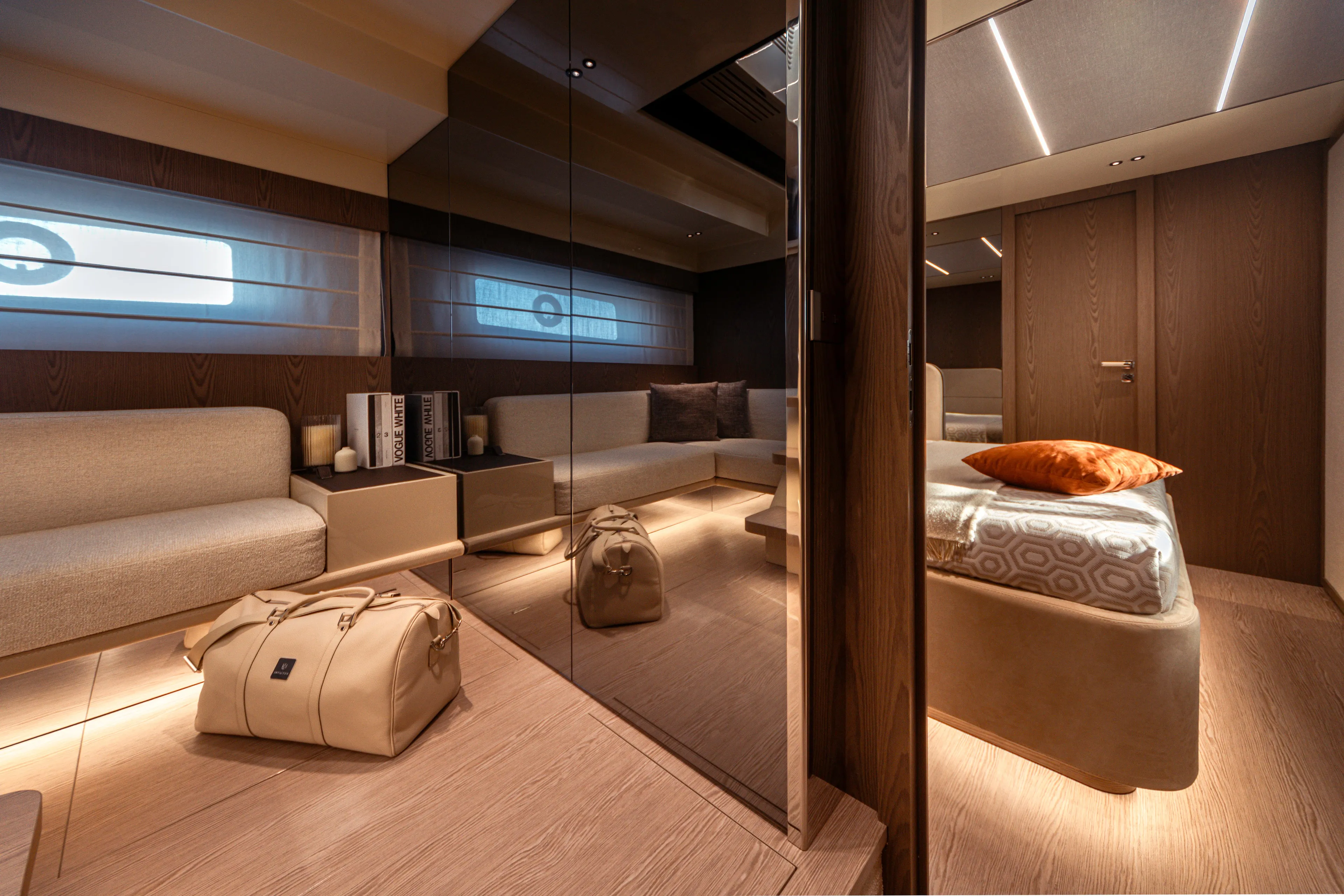  Yacht Photos Pics Luxurious interior of 2025 Invictus ST550 yacht with modern furnishings and ambient lighting.