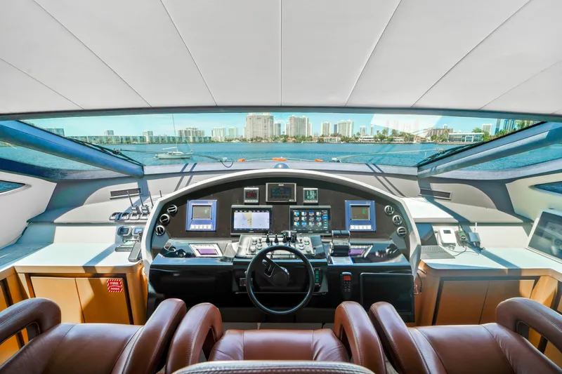 Shadow Yacht Photos Pics Cockpit of a 2007 Pershing 90 yacht with modern navigation equipment and panoramic view.