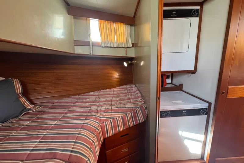 Good Enough Yacht Photos Pics Interior of 1990 Grand Banks 46 Classic with bed and washer.