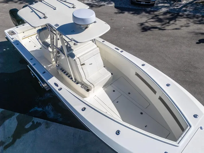 Pilar Yacht Photos Pics 2019 SeaVee 322z boat, aerial view, showcasing spacious deck and seating area.
