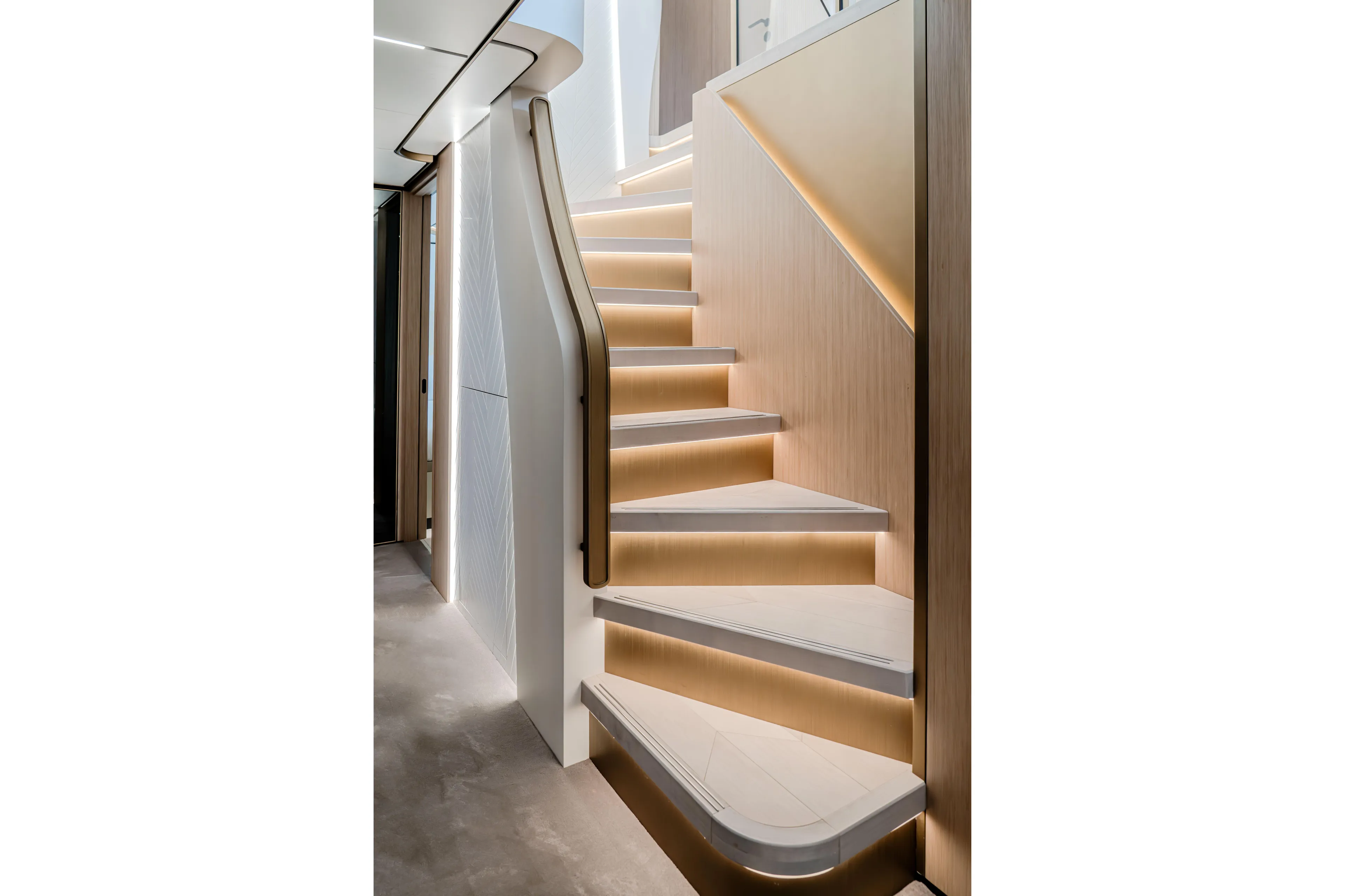  Yacht Photos Pics Modern staircase with ambient lighting on Majesty 100 Terrace yacht, 2027 model.