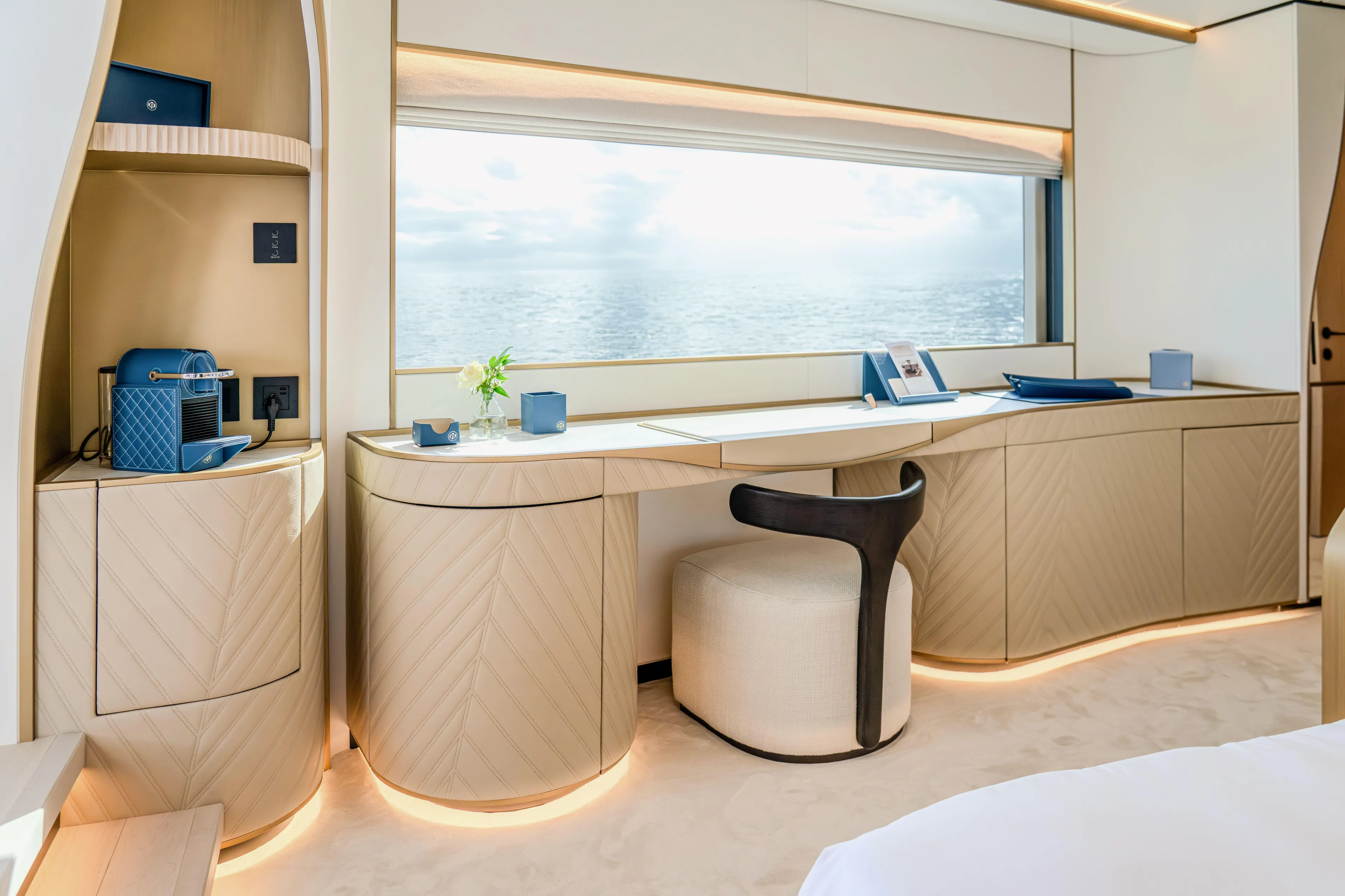  Yacht Photos Pics Luxurious Majesty 100 Terrace yacht interior with elegant desk, ocean view, and modern decor, 2027 model.