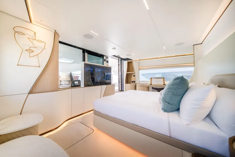  Yacht Photos Pics Luxurious interior of 2027 Majesty 100 Terrace yacht, featuring modern design and elegant decor.
