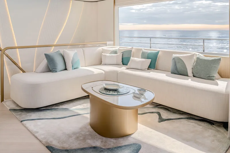  Yacht Photos Pics Luxurious yacht interior with elegant seating, ocean view, and modern decor, Majesty 100 Terrace 2027.