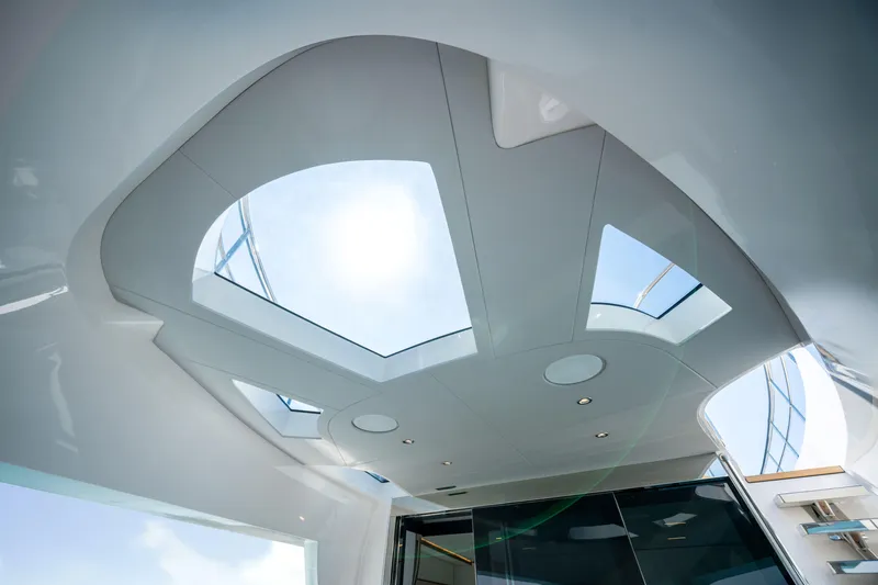  Yacht Photos Pics Futuristic ceiling design of the 2027 Majesty 100 Terrace yacht with skylights.