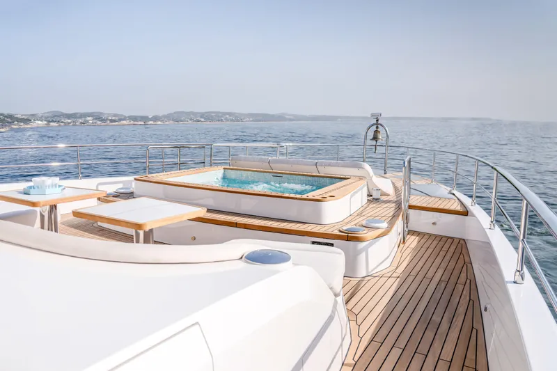  Yacht Photos Pics Luxurious Majesty 100 Terrace yacht deck with jacuzzi, 2027 model, ocean view.