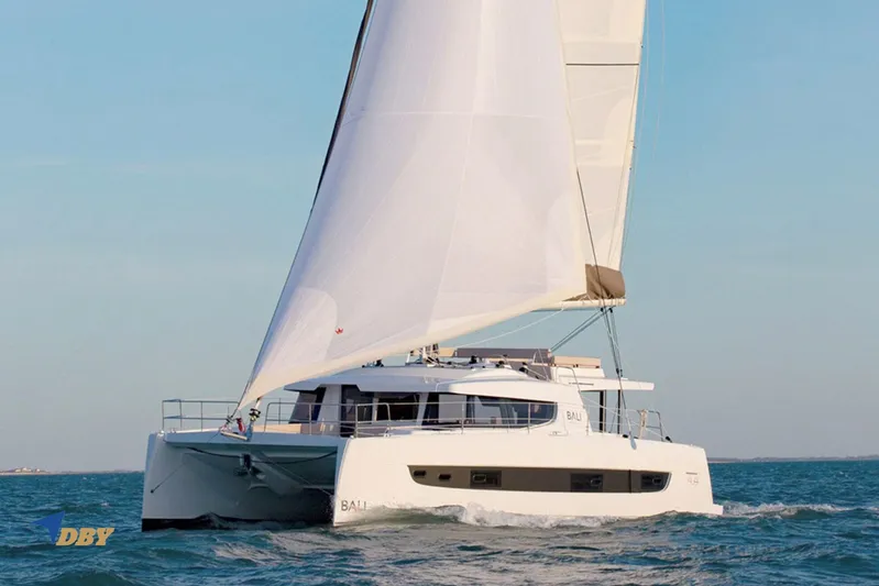 Ellidy Yacht Photos Pics 2025 Bali 4.4 catamaran sailing on open water with full sails.