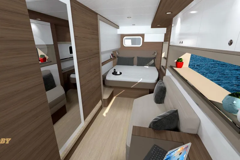 Ellidy Yacht Photos Pics Luxurious interior of 2025 Bali 4.4 yacht with modern design and ocean view.