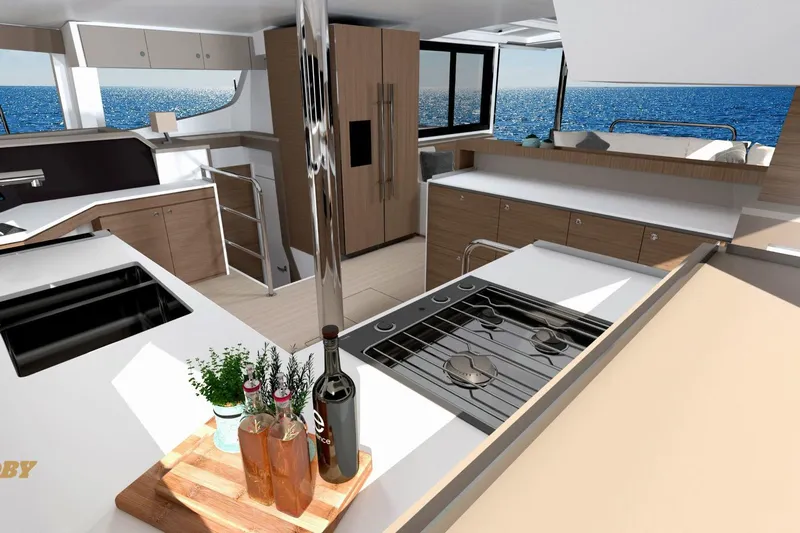 Ellidy Yacht Photos Pics Modern kitchen interior on Bali 4.4 yacht, 2025 model, with ocean view.