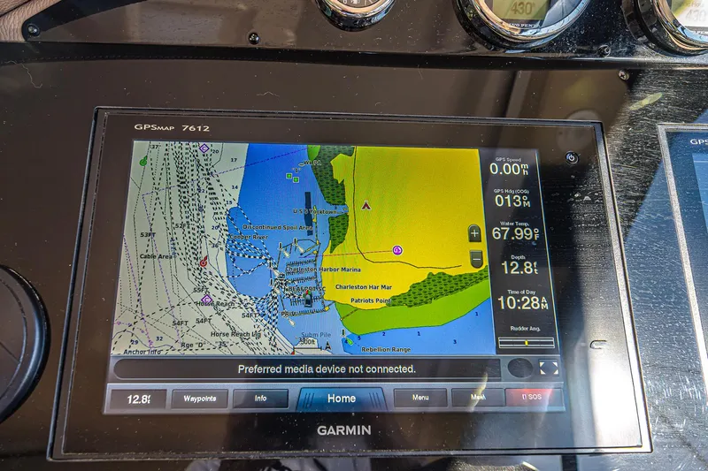  Yacht Photos Pics Garmin GPS display on 2016 Regal 46 Sport Coupe showing nautical map and navigation data.