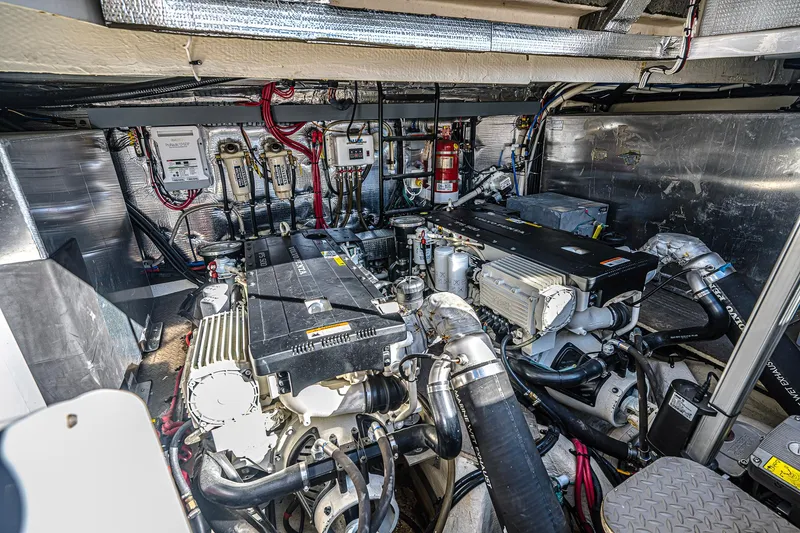  Yacht Photos Pics Engine room of 2016 Regal 46 Sport Coupe with dual engines and mechanical components.
