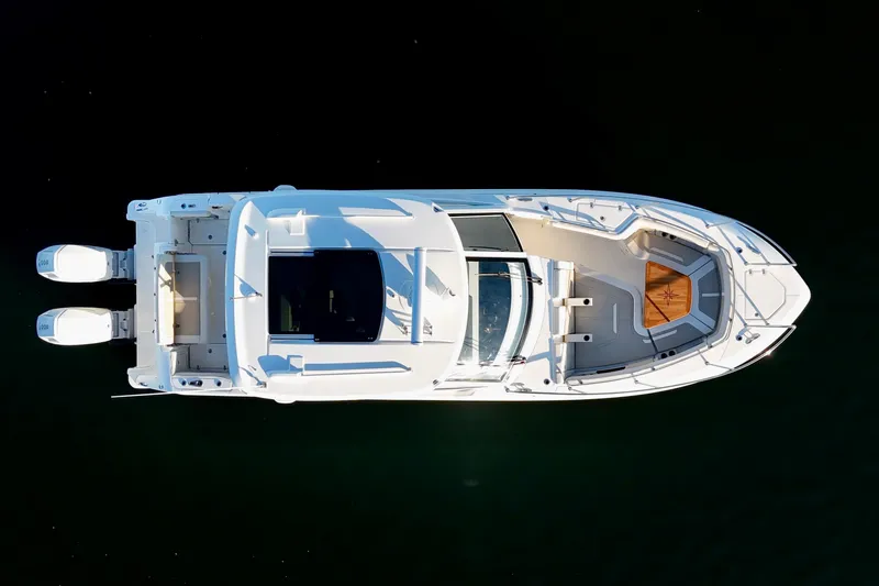  Yacht Photos Pics Top view of 2024 Boston Whaler 380 Realm boat with dual engines.