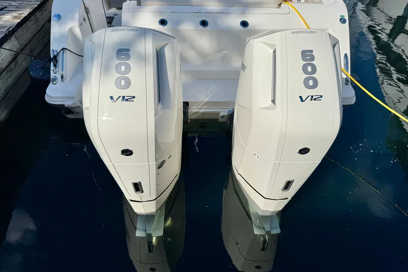  Yacht Photos Pics Twin Mercury 600 V12 engines on a 2024 Boston Whaler 380 Realm boat.
